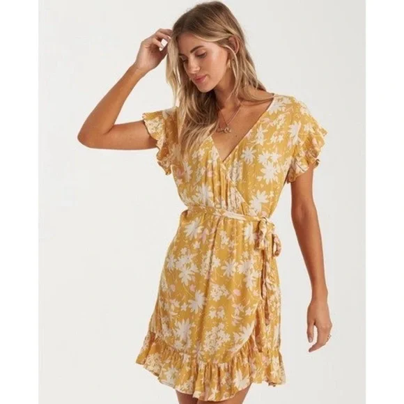 Billabong Wrap and Roll Floral Dress in Bright Gold - Picture 7 of 11